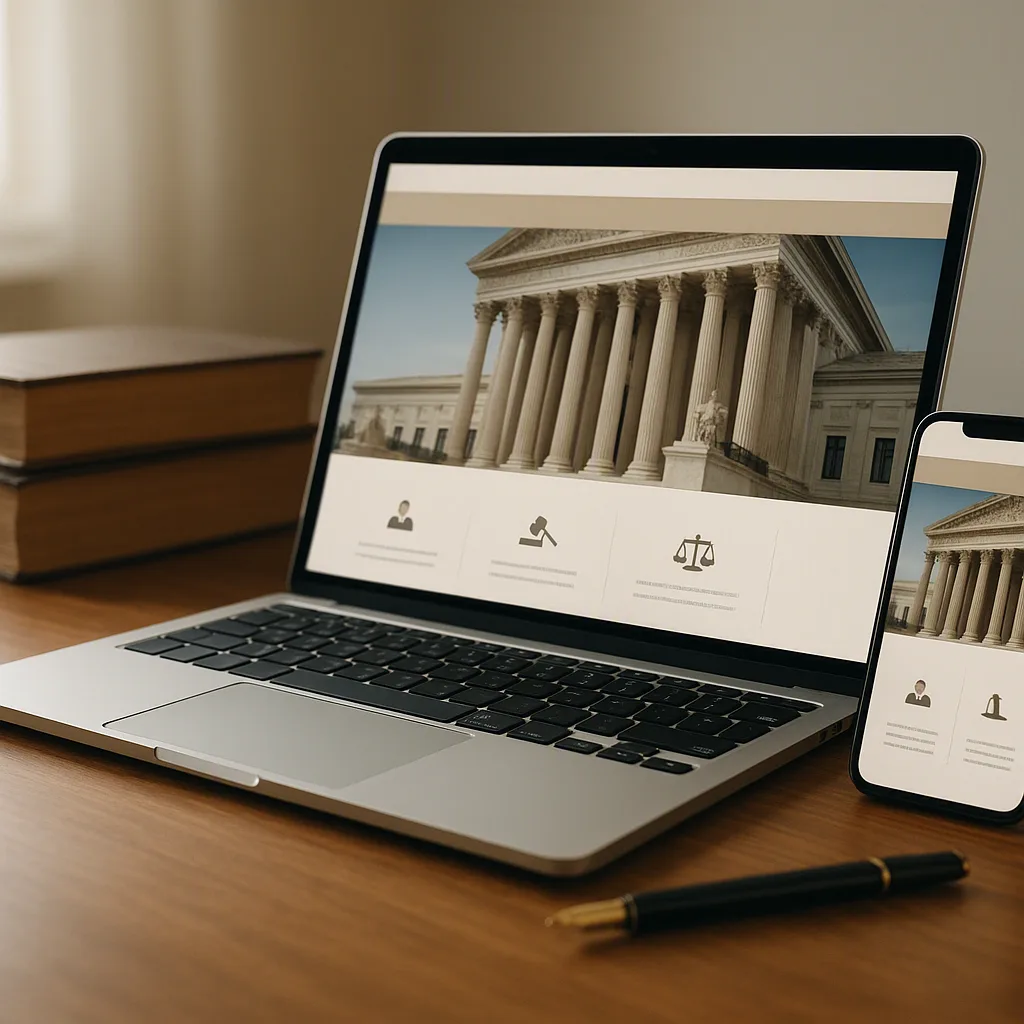نمایی از وب‌سایت دفتر حقوقی نمایش‌داده‌شده روی لپ‌تاپ و موبایل کنار کتاب‌های حقوقی