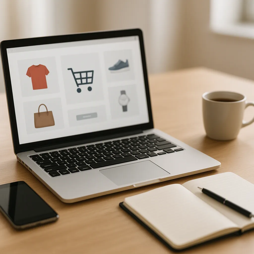 لپ‌تاپ با رابط فروشگاه اینترنتی روی میز کاری مرتب