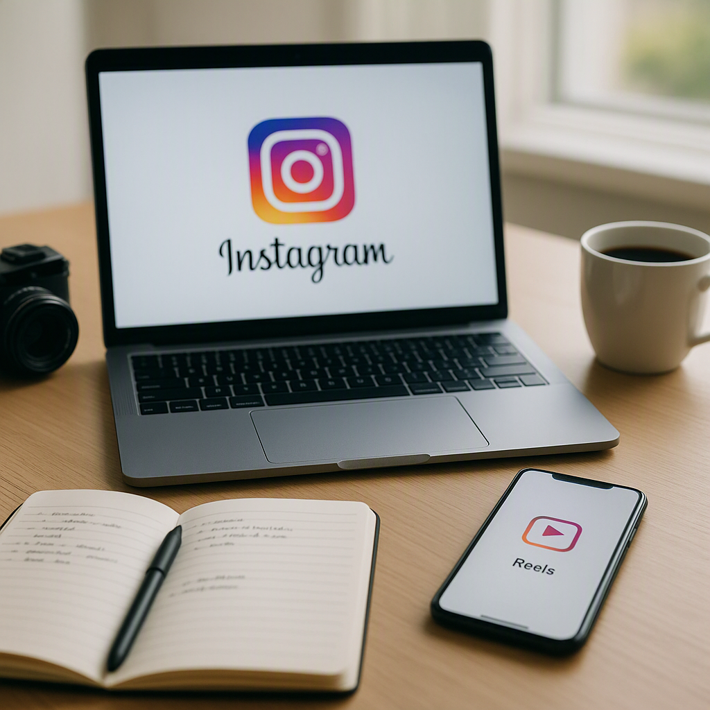 میز کار با لپتاپ، موبایل و یادداشت برای برنامهریزی رشد اینستاگرام