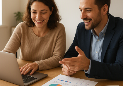 صاحب کسب‌وکار کوچک و مشاور دیجیتال مارکتینگ کنار لپ‌تاپ و نمودارها