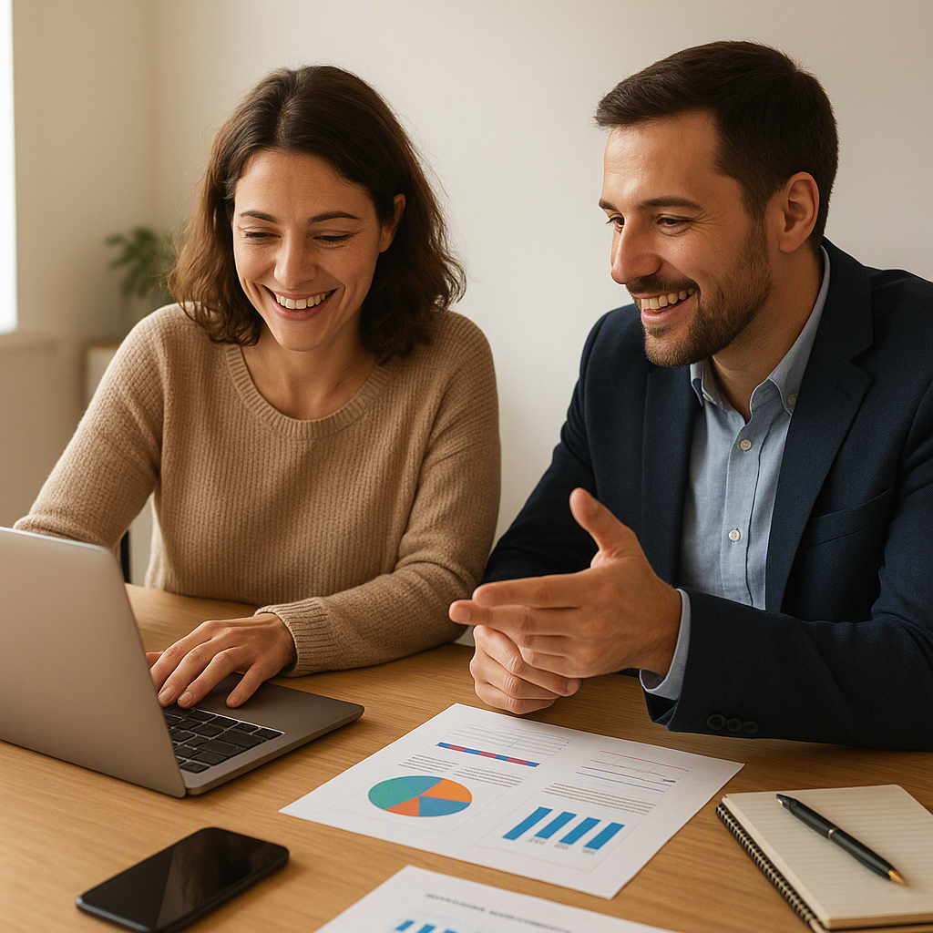 صاحب کسب‌وکار کوچک و مشاور دیجیتال مارکتینگ کنار لپ‌تاپ و نمودارها
